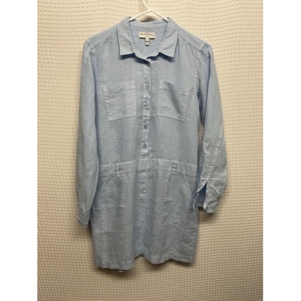 NWOT Michael Stars Blue Pockets Utility Shirt Dress Women S China 100% Linen